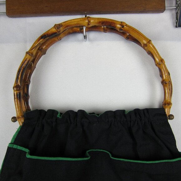 Vintage Tulip Appliqué Bamboo Handle Blue & Green Fabric Handbag Spring 80's - Picture 9 of 9